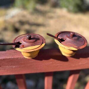 Sugar and cream wooden bowls with lids and spoons -  from Belize or Costa Rica